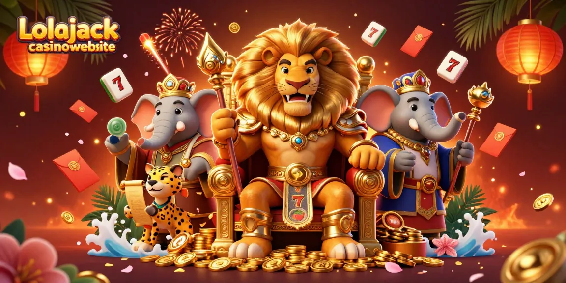 Lolajack casinowebsite showcases a lively scene with casino elements, featuring a lion king, elephant advisor, and cheetah messenger.