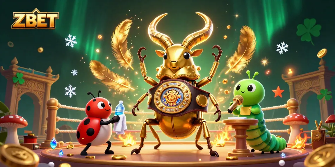 ZBET brings excitement to gambling with a dynamic boxing-themed illustration showcasing a golden stag beetle champion.