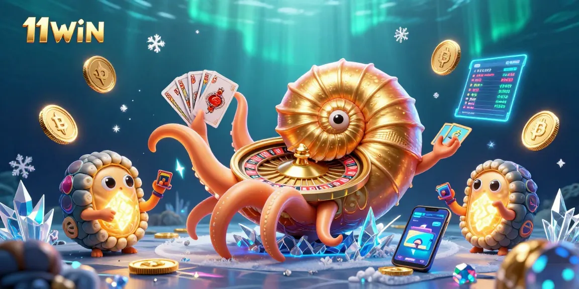 Spin the roulette wheel with 11WIN's vibrant 3D nautilus and crypto elements glowing brightly.