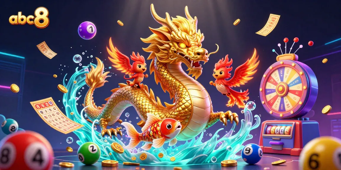 Enjoy thrilling game moments at abc8 featuring a fierce dragon, phoenix, and coins raining in this vibrant illustration.