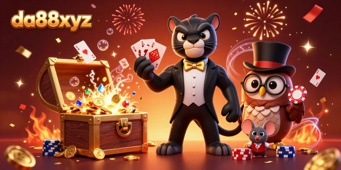 Engage with da88xyz as a stylish panther deals cards amidst gold coins and festive elements.
