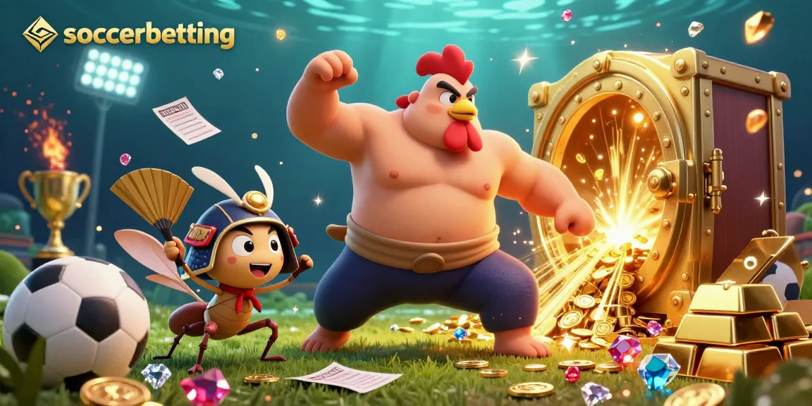 Experience soccerbetting excitement with dynamic characters, treasure, and vibrant casino elements in this 3D illustration.