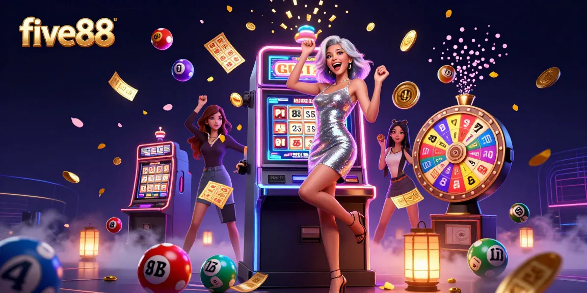 Experience excitement with five88 as a glamorous player celebrates a jackpot win in a vibrant casino.