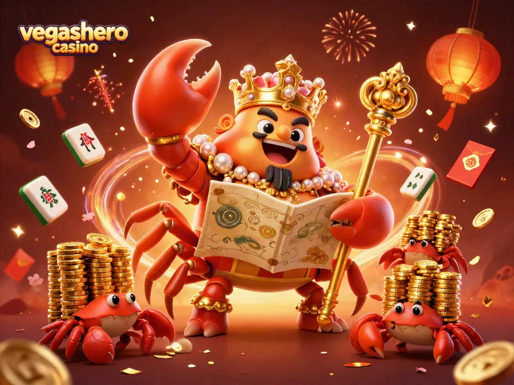 Experience vibrant gameplay at vegashero casino with a lively 3D illustration of a golden crab emperor and game elements.