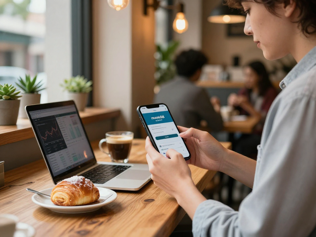 Individual engaged in rokok88 daftar process in a cozy coffee shop, enjoying coffee and browsing financial information.