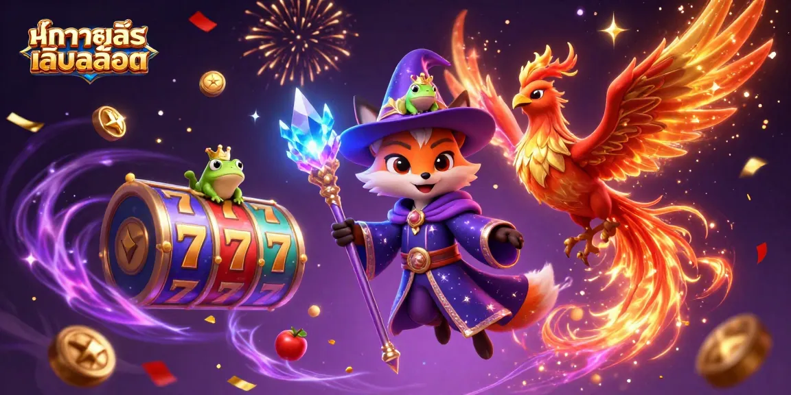 Engage with ทดลองเล่นสล็อต using vibrant slot reels and magical characters in a lively casino scene.