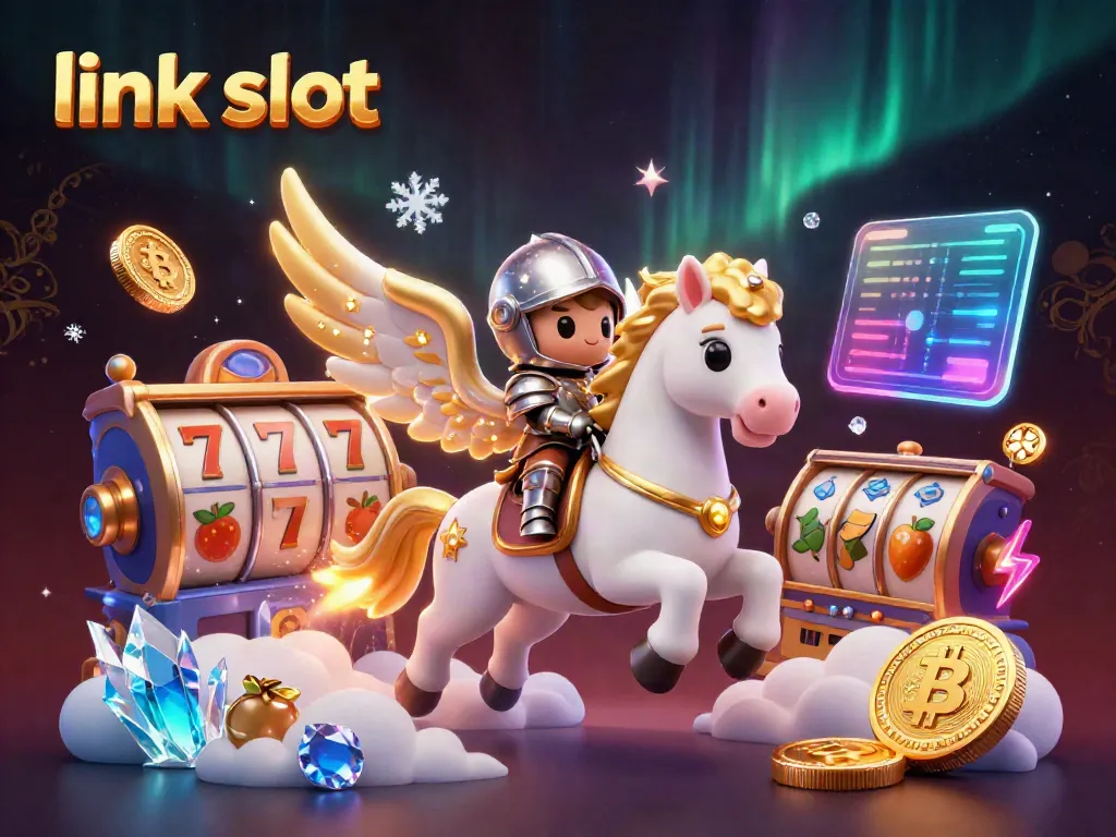 Spin the link slot jackpot with this vibrant 3D illustration, featuring casino elements and a fantasy horse.