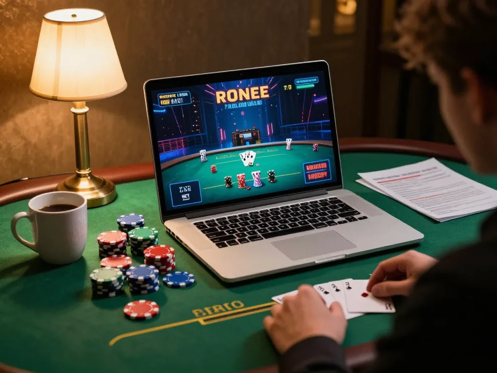 Player engaging in online poker at Uk 88, showcasing chips and strategy notes in cozy setting