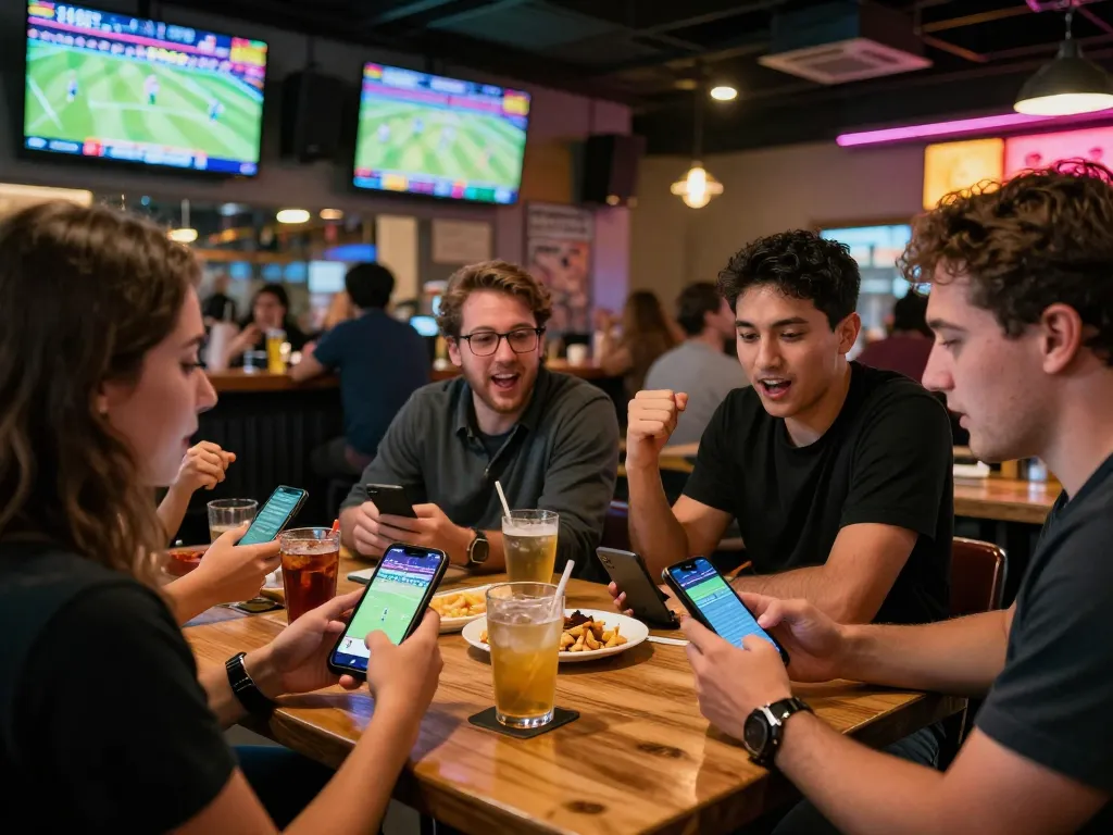 Excited patrons placing bets on the 9BET app during a live sports event in a lively bar atmosphere.