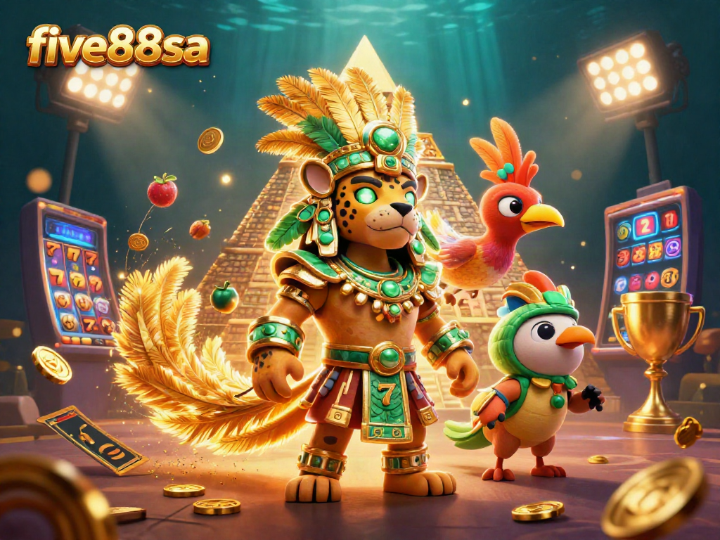Experience winning with five88sa featuring a Mayan jaguar priest and vibrant casino elements in a dynamic setting