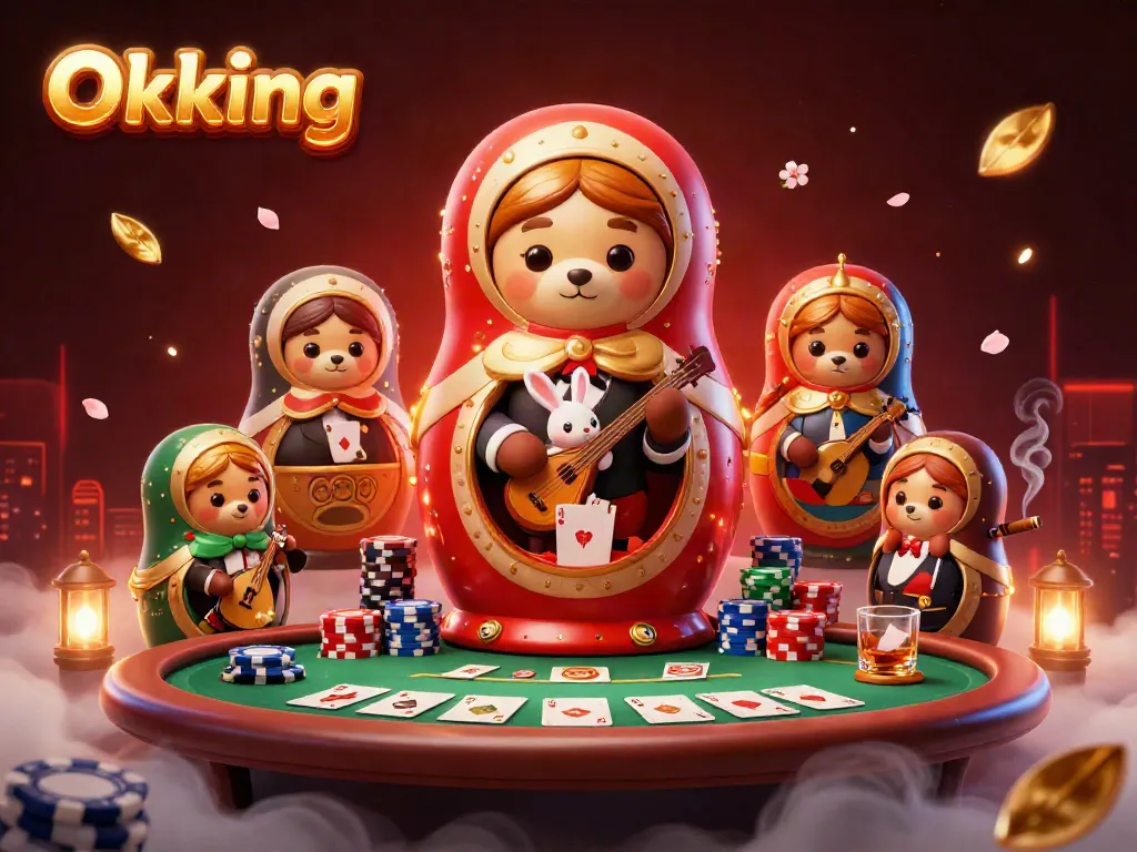 Engage in thrilling gameplay at Okking with vibrant casino elements and dynamic characters.