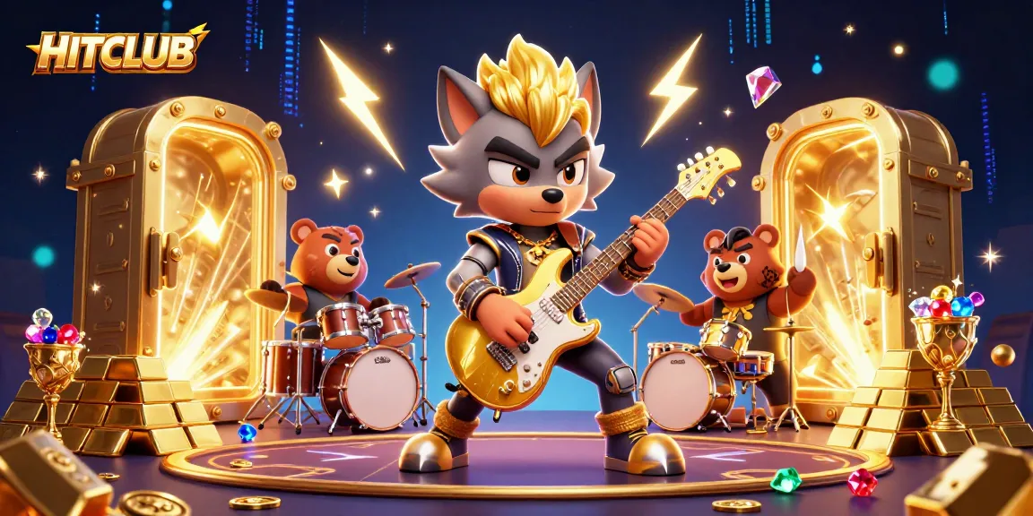 Experience HITCLUB's thrilling gaming excitement with a vibrant 3D casino scene featuring dynamic characters and dazzling treasures.
