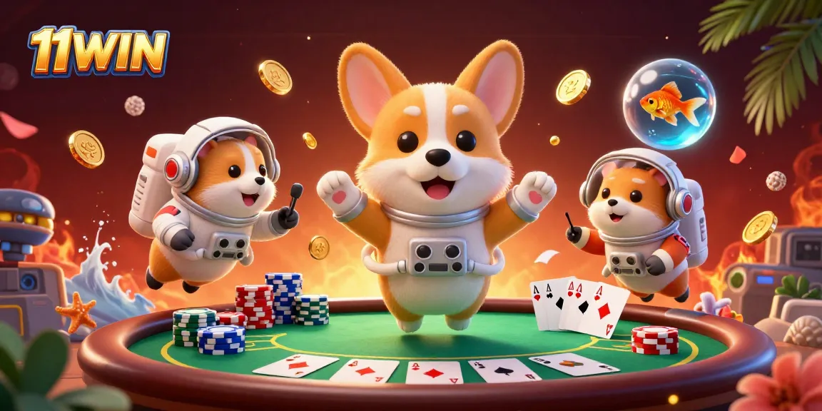 Experience thrilling gameplay with 11WIN in a vibrant 3D space casino scene overflowing with poker elements.