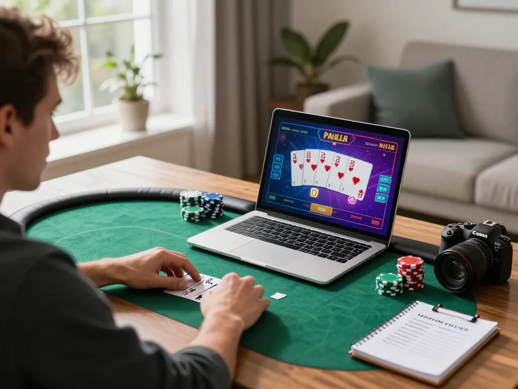 Engaging scene of a gamer participating in Jun88 đăng nhập poker, showcasing strategy and excitement at home.
