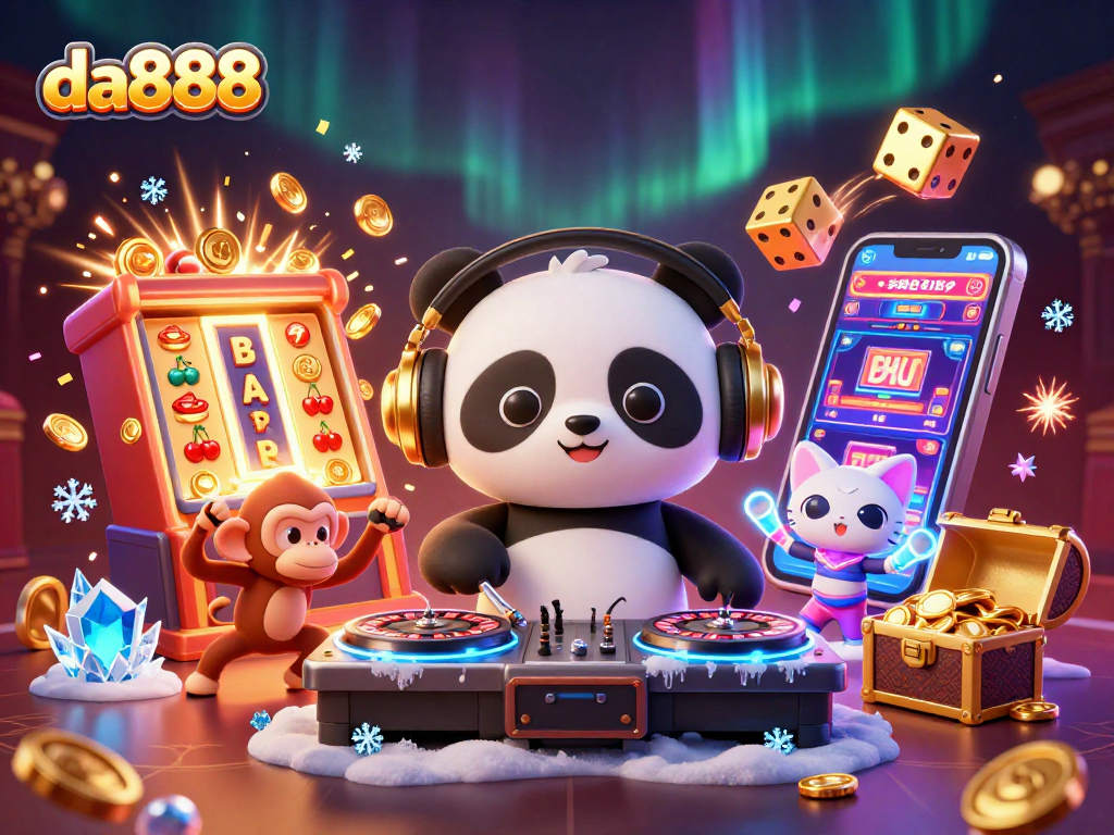 Join the fun at da888 as a DJ panda spins on roulette wheels surrounded by slot machines.