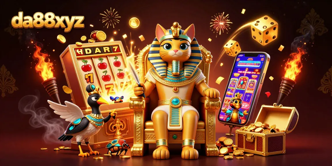 Engage with da88xyz’s vibrant 3D casino scene featuring a pharaoh cat and dynamic game elements.
