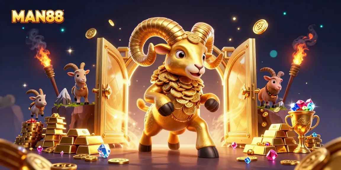 Experience winning at MAN88 with animated golden ram charging through treasure vaults and riches.