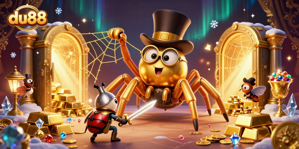 Engage with the enchanting world of du88, where a brave knight meets a giant golden tarantula in a bustling casino scene.
