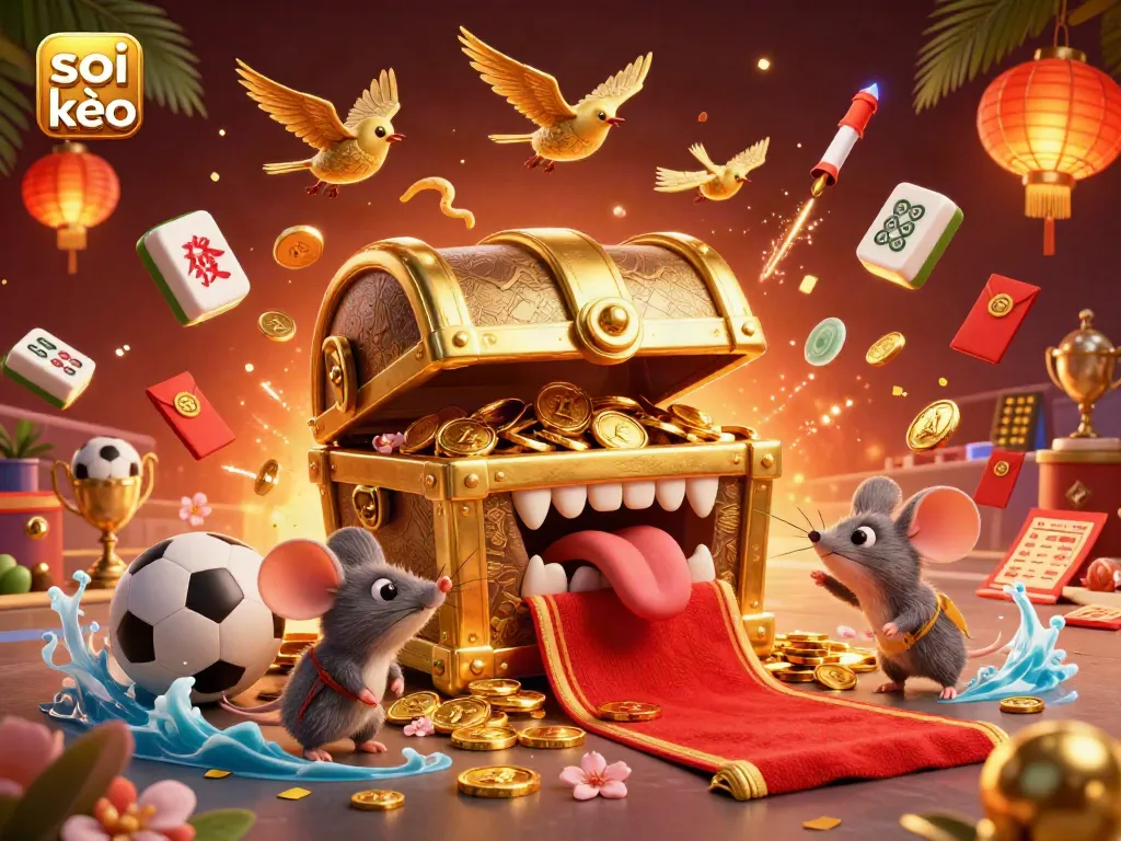 Soi kèo and win with exciting sports betting actions featuring a golden treasure chest and dynamic elements.