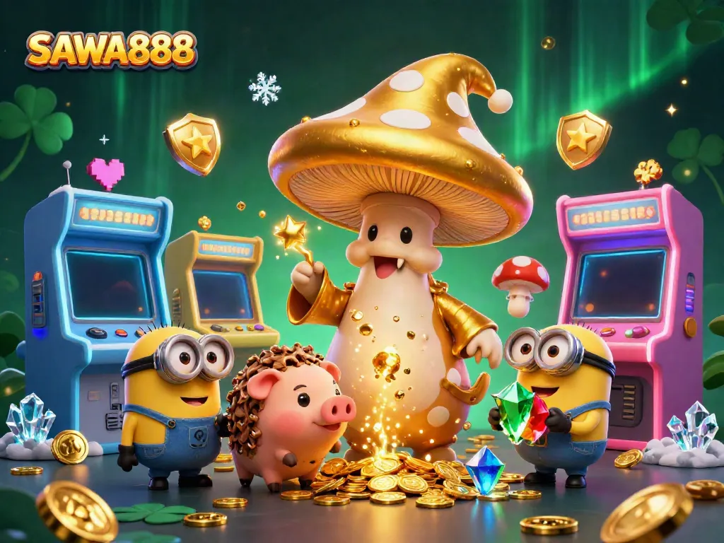Experience the enchanting SAWA888 realm with a golden mushroom wizard conjuring riches amid casino festivities.