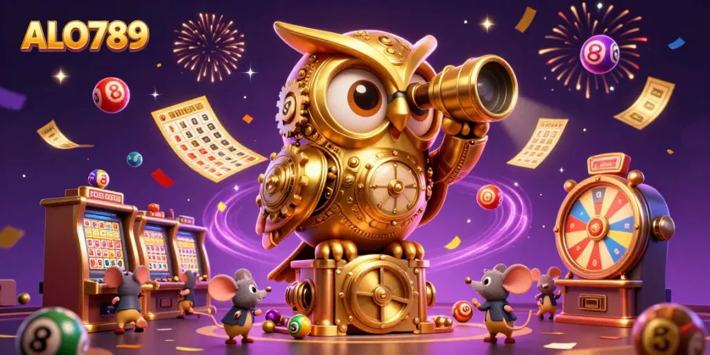 Experience thrilling moments at ALO789 with our vibrant casino scene showcasing golden owl and lively patrons.