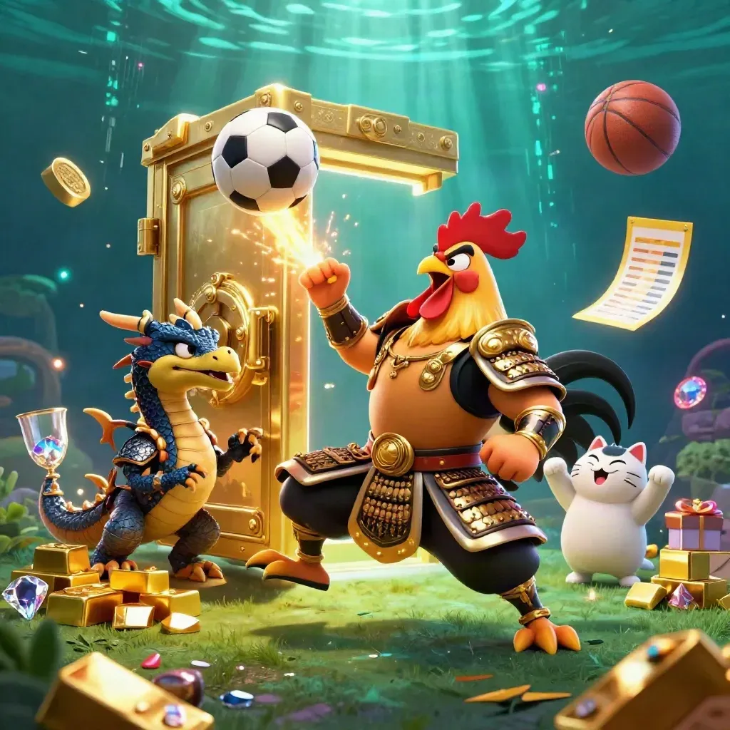 Rooster-samurai, draakje en gelukskat bij een exploderende voetbalactie met goud en neon.
