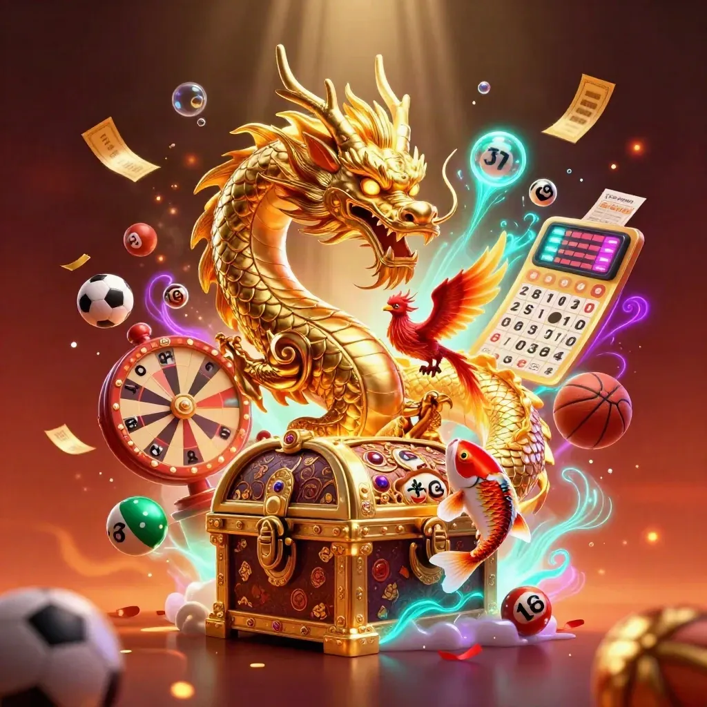 Gouden draak rond schatkist met feniks, koi en casino-items in vurige neonstijl.