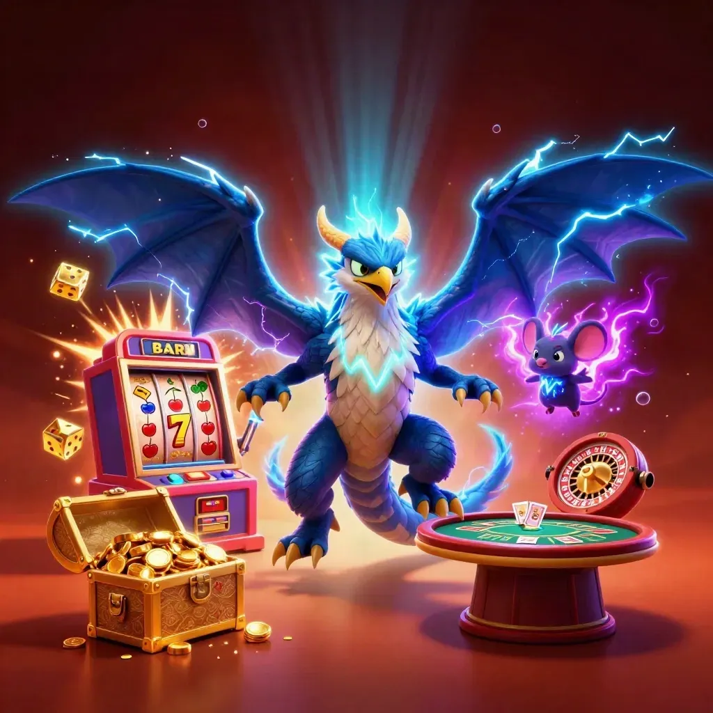 Draken, havik en muis met jackpotlicht, goud en neon in een luxe casinoframe