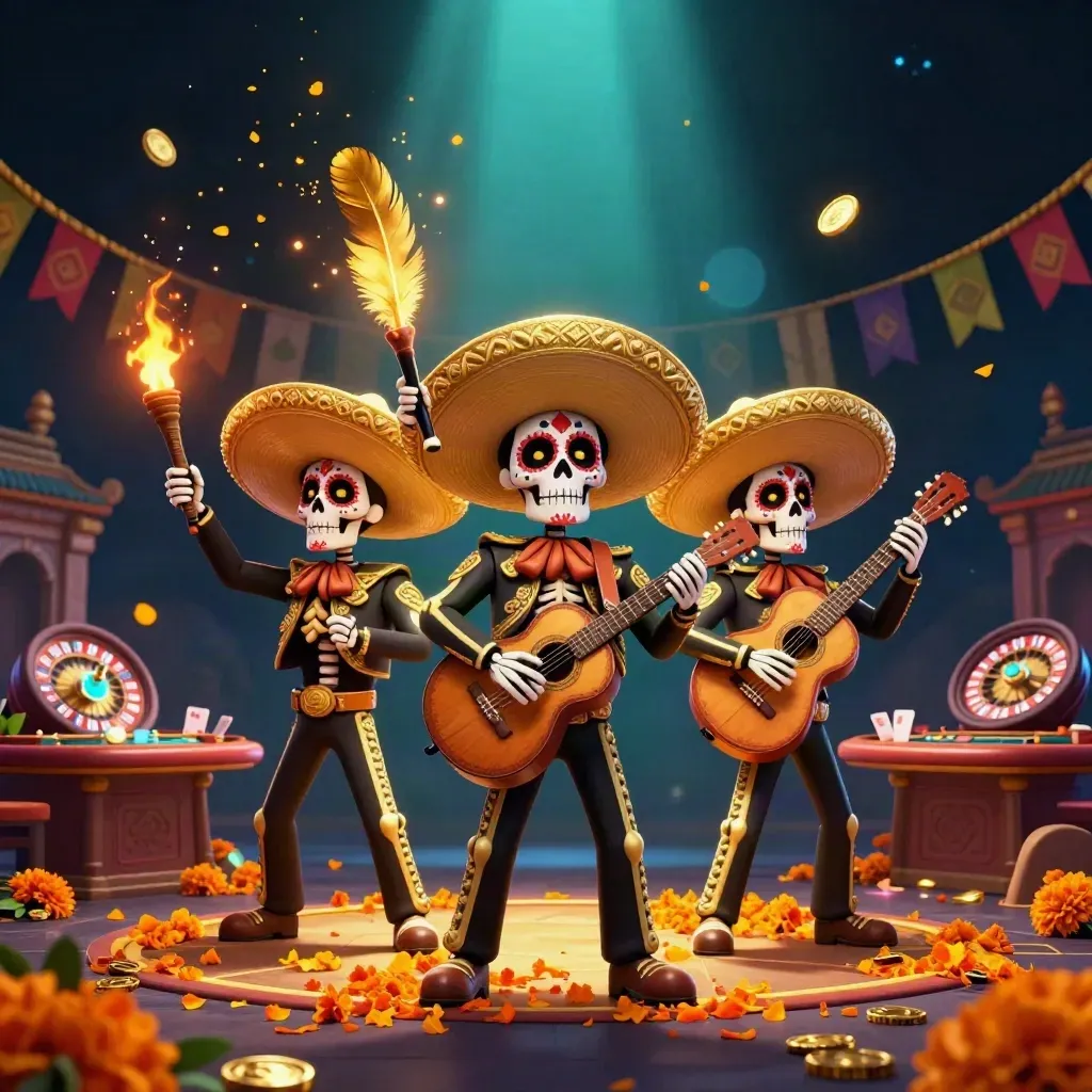 Drie skeletten-mariachi’s dansen in een luxe casinofantasie met goud, jade en lichtstralen.