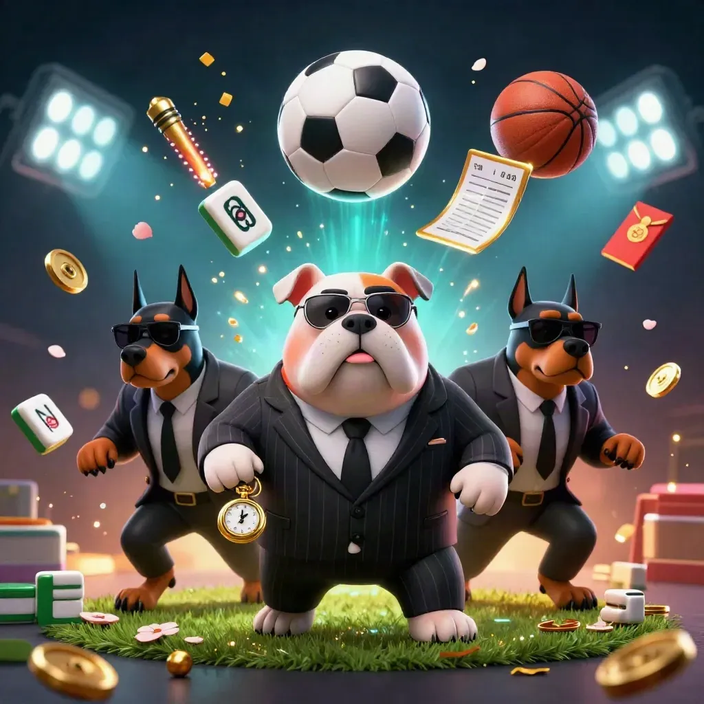Maffiahond en Dobermans tussen casino-iconen, ballen en goudlicht in een donkere neonruimte.