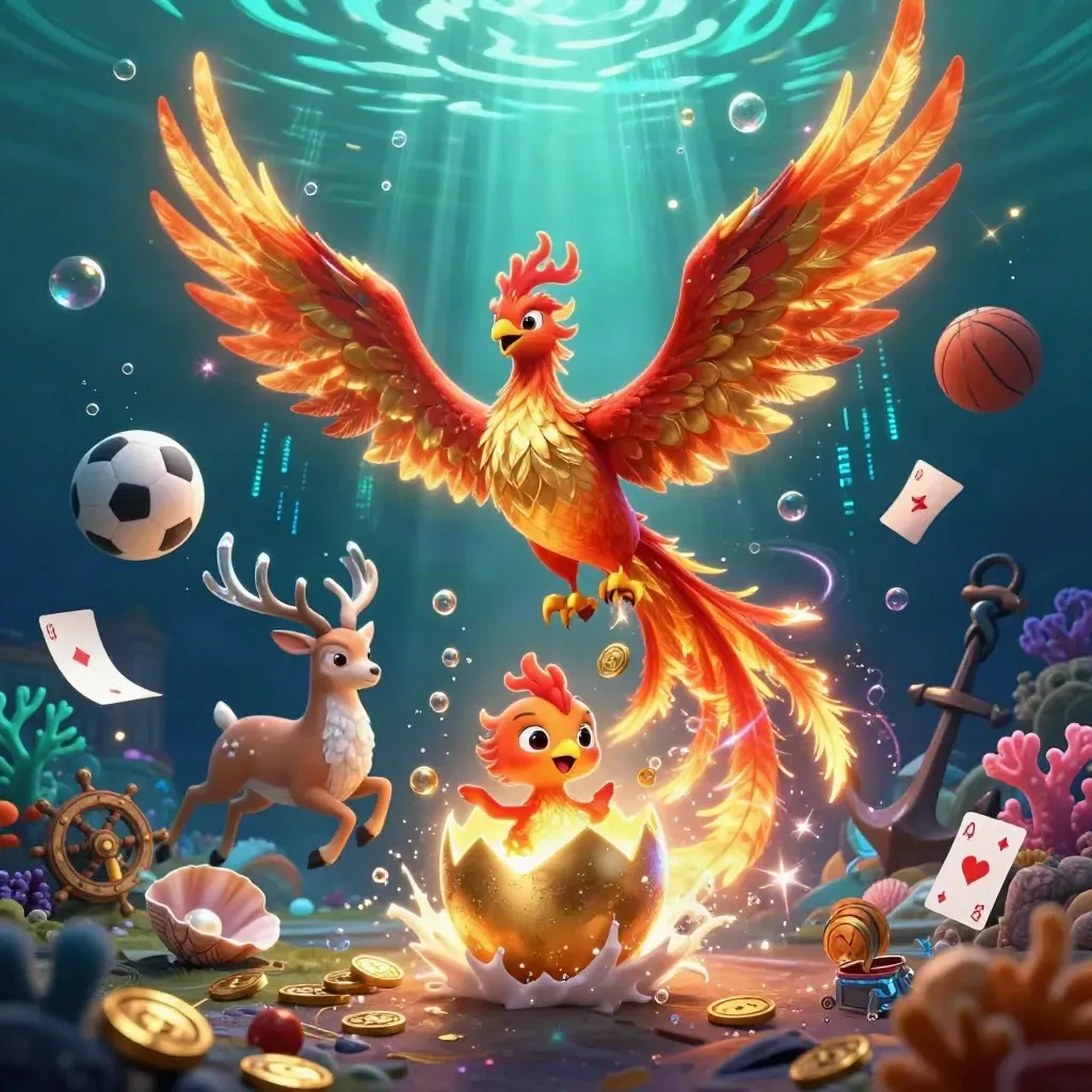 Phoenix, kuiken en kristallen hert in onderwater schatkamer met munten en kaarten.