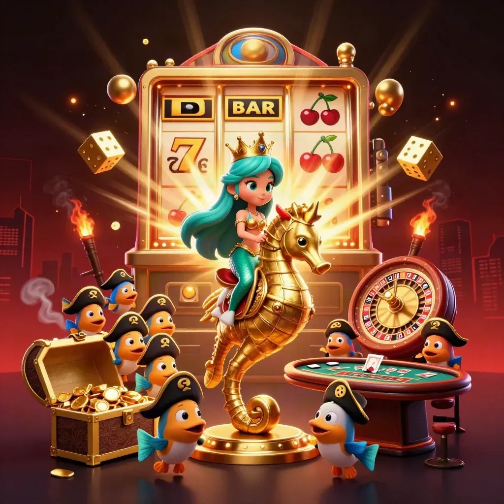 Zeemeerminprinses op zeepaard met vissen, speelautomaat, goud en casino-lampen.