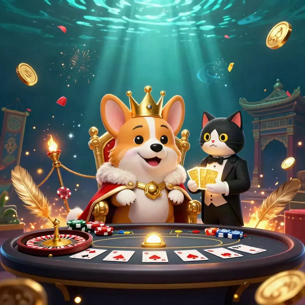 Krooncorgi en butlerkat in luxe casino-scène met neon, roulette en goud.