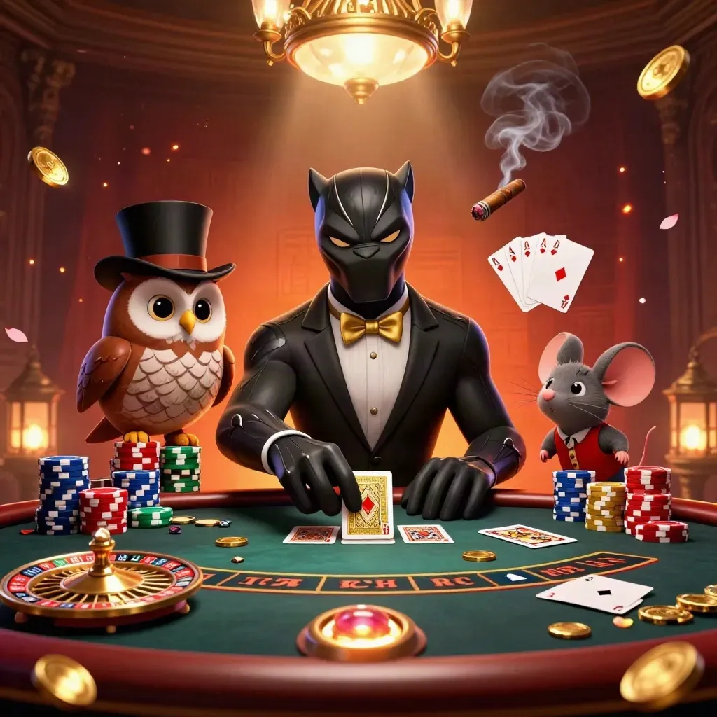 Panter, uil en muis bij een luxe casinotafel met goud, kaarten, fiches en een draaiend roulettewiel.