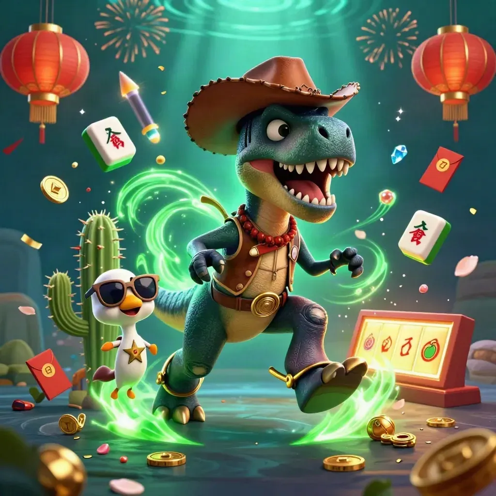 T-rex cowboy, cactusmaatje en roadrunner in luxe casino-actie met emeraldgroene magie