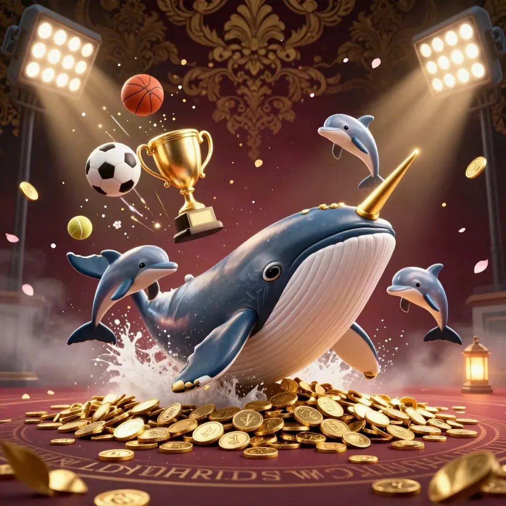 Reuzewalvis, narwal en dolfijnen tussen munten, sportballen en gouden casino-glans.