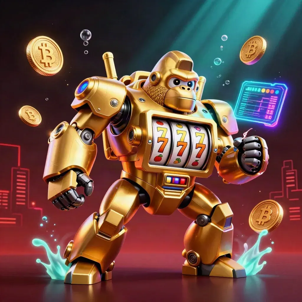 Gouden gorillamech met aap in cockpit, omringd door crypto-munten, neon en casinostraling.