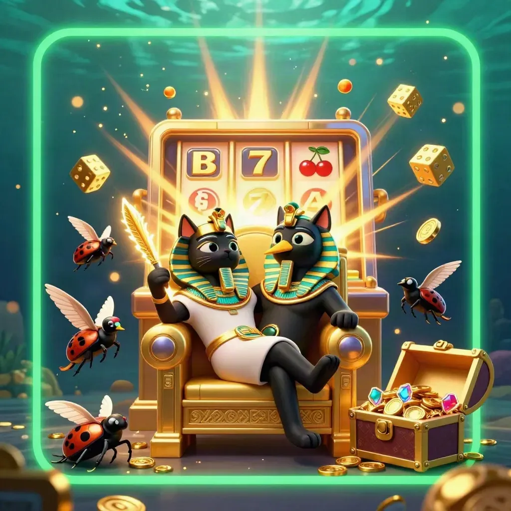 Pharaoh-kat, ibis en scarabeeën tussen goud, jackpots en emerald licht in een casino-onderwaterthema.