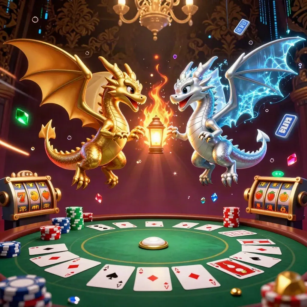Twee glanzende draken cirkelen om een lantaarngeest met poker, chips en luxe casino-glans.