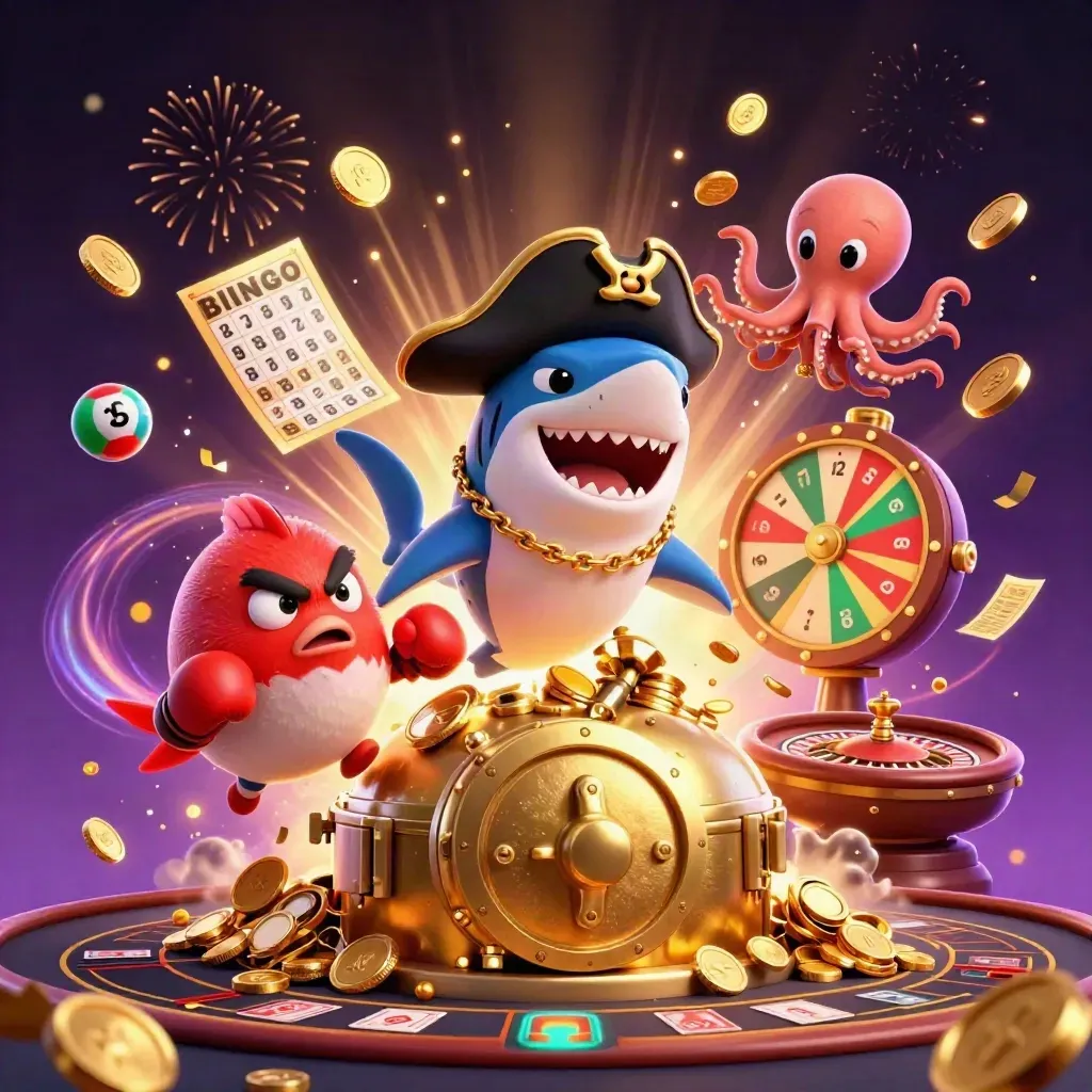 Piratenhaai, pufferfish en baby-octopus bij een open goudkluis met casino-bonusvuurwerk.