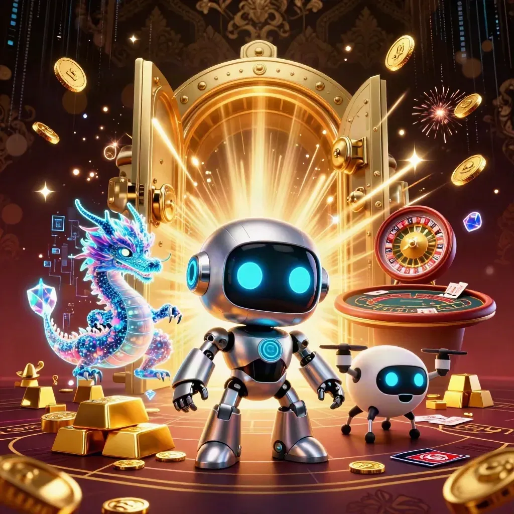 Robot, draak en drone bij open goudkluis, roulette en kaarten, in luxe casino-sfeer.