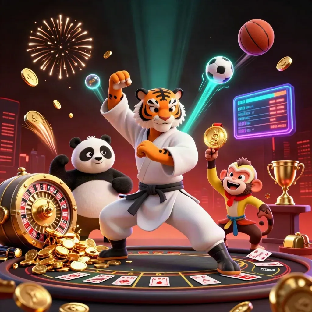 Kungfu-tijger, panda en aap in luxe casino-explosie met gouden munten en felle lichten