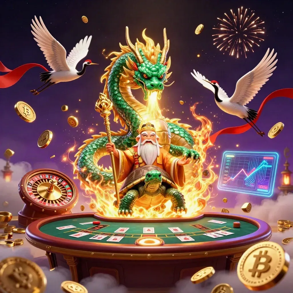 Emmendraak, schildpad en kraanvogels tussen gouden munten, roulette en casinovuur.