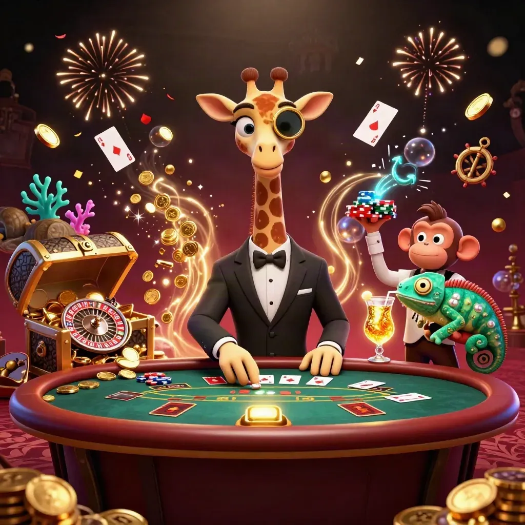 Drie casino-dieren vieren tussen gouden munten, een roulettetafel en luxe schatkistgloed.