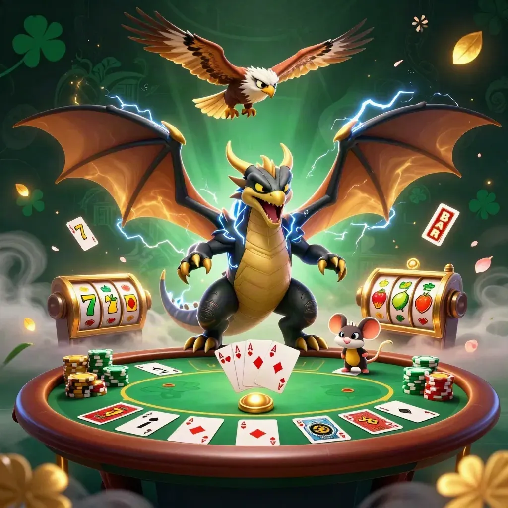 Drie casino-dieren vol bliksem, kaarten, fiches en gouden magische effecten.