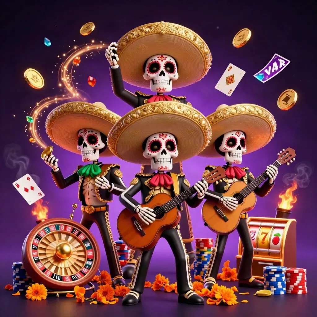 Drie skeletsmariachi’s met gouden hoeden, roulette, munten en neon casino-effecten.