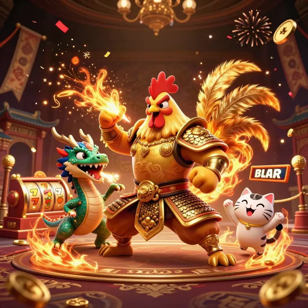 Rooster samurai, draakje en gelukskat tussen casino-effecten en gouden glans.