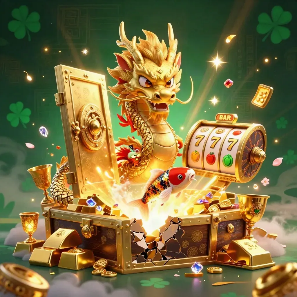 Gouden draak met phoenix, koi en schatkist tussen goud, diamanten en een open kluisdeur.