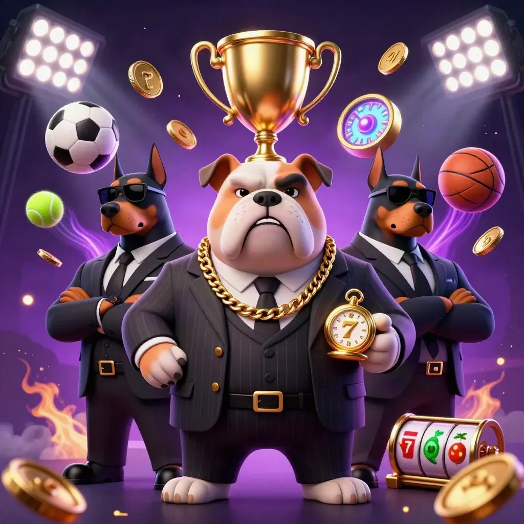 Maffia-bulldog met twee dobermanns tussen jackpots, sportballen, munten en gouden licht.