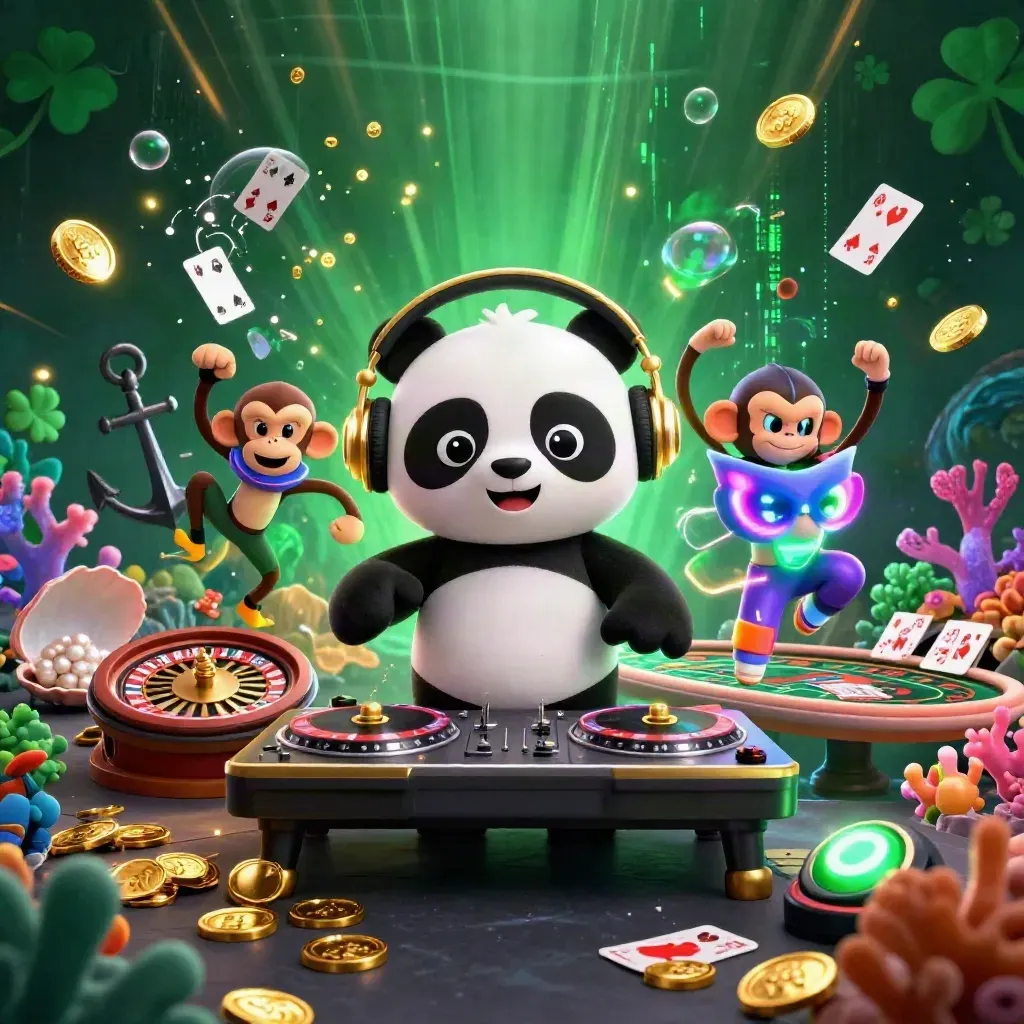 DJ-panda, breakdancende aap en glow-stick kitten in een luxe casino-scène onder water.